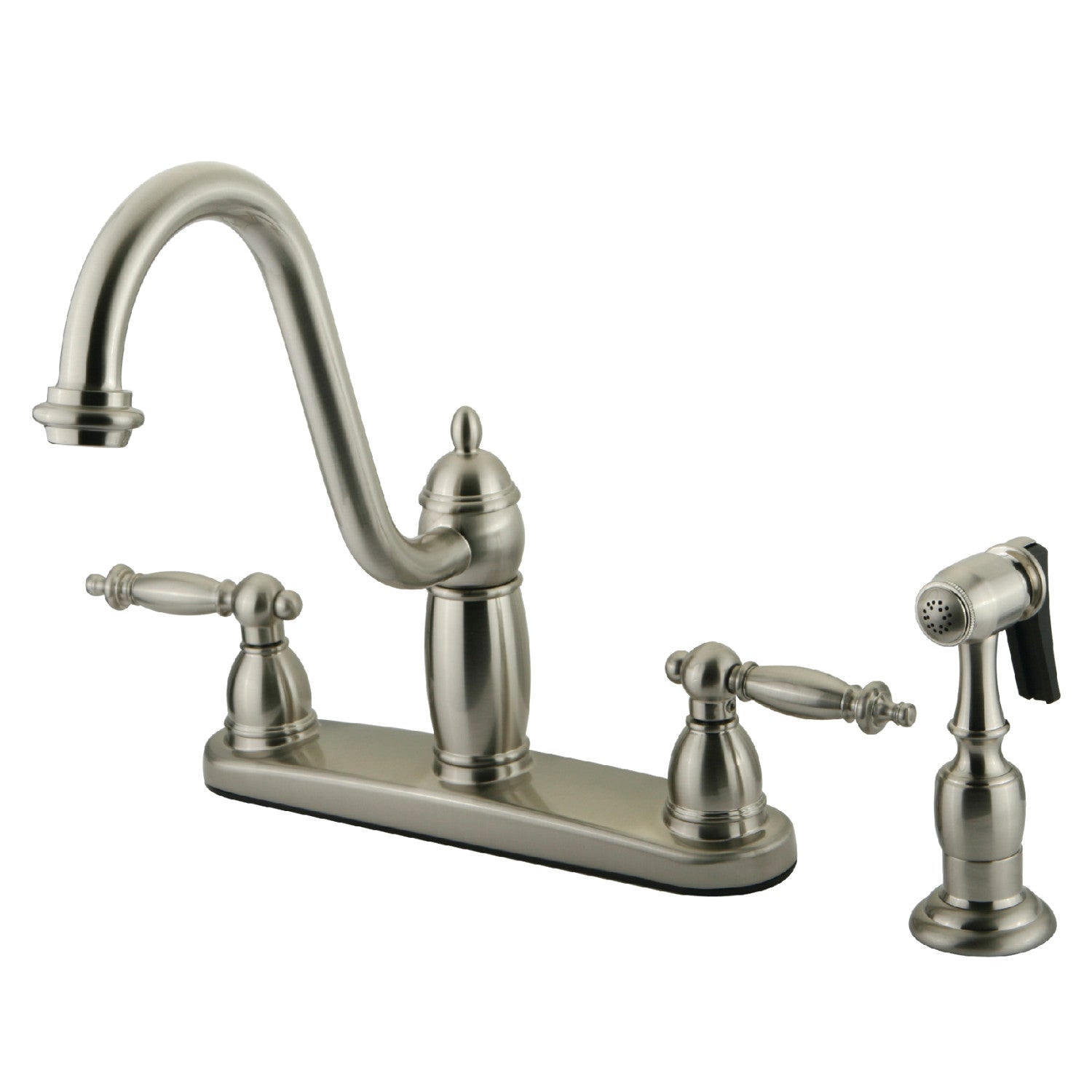 Kingston Heirloom KB7118TLBS - Templeton Two-Handle 4-Hole 8" Centerset Kitchen Faucet with Brass Sprayer, Brushed Nickel — image 1